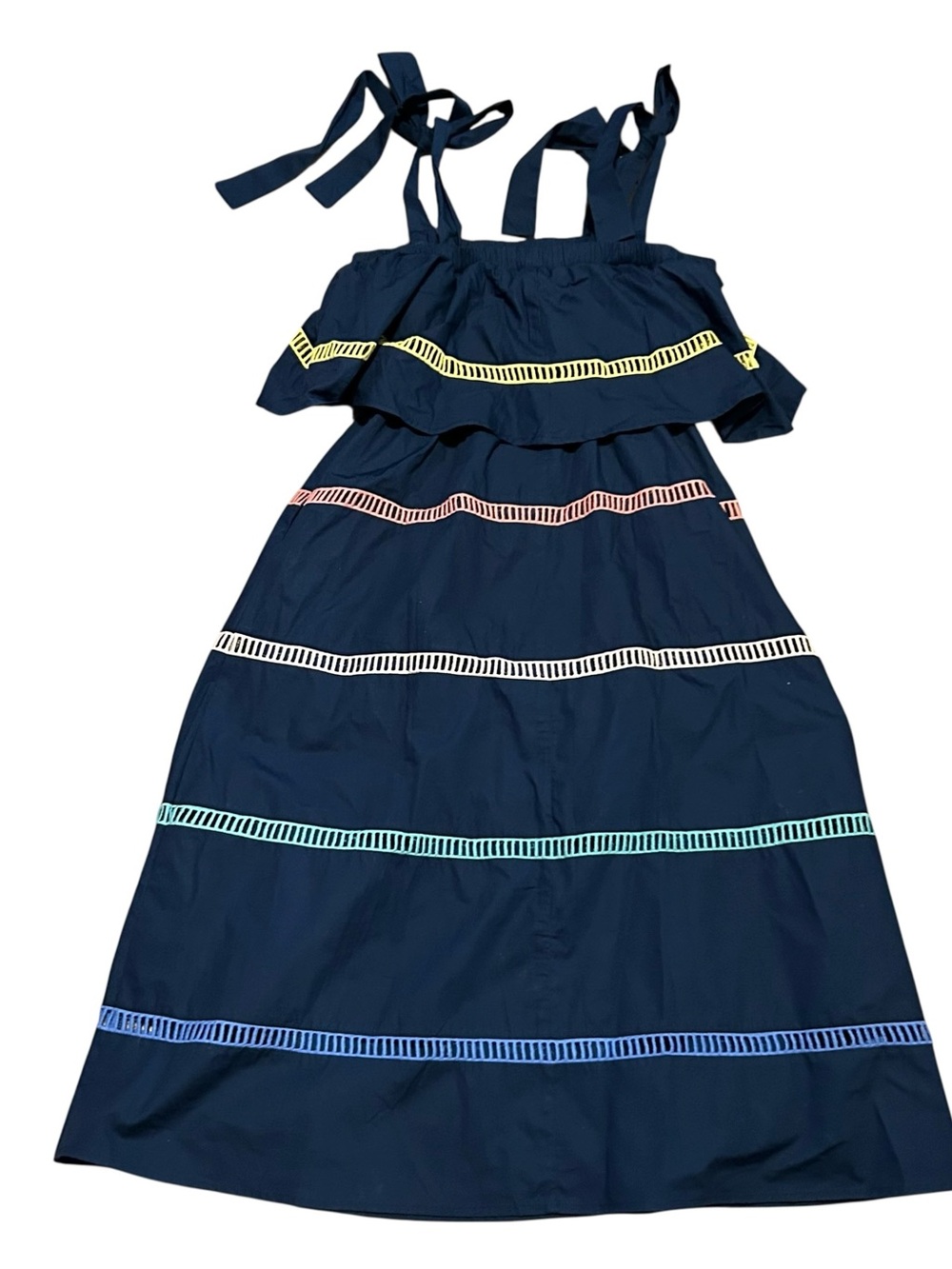 New English Factory Tiered Ruffle Dress Navy Size XS Tank Lace Ric Rack - Picture 2 of 4